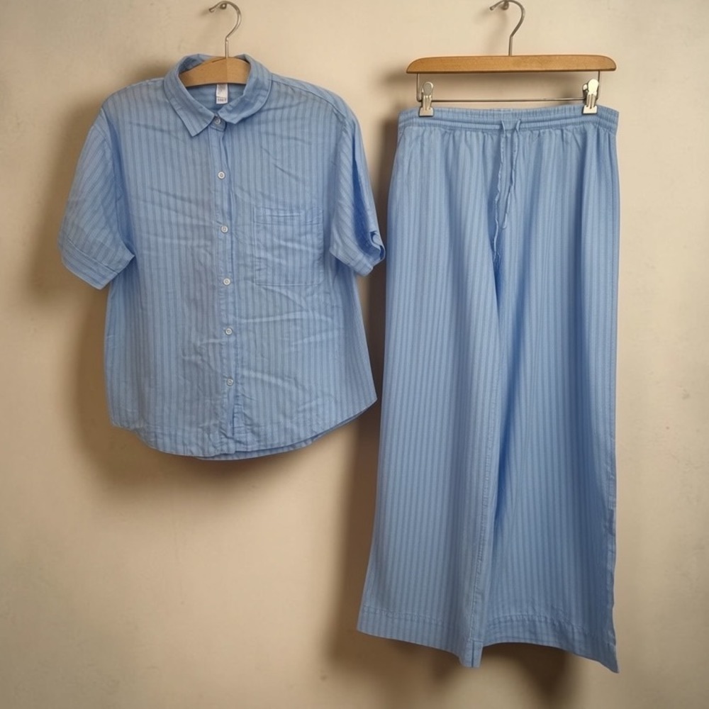 Stars Above Blue Striped Pajama Set Short Sleeve Button Down Wide Leg Pants M